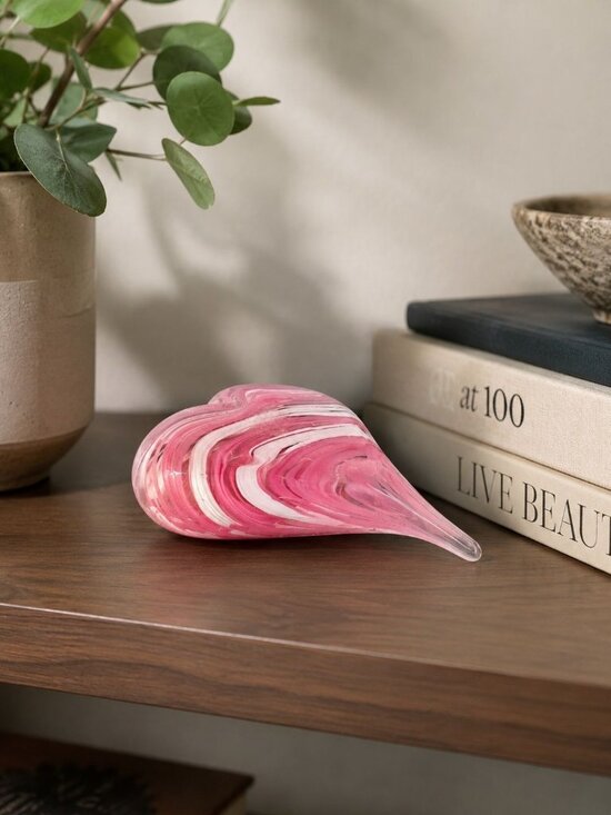 Unknown Other - Pink White Swirl Art Glass Heart Paperweight Murano Style Valentine Decor